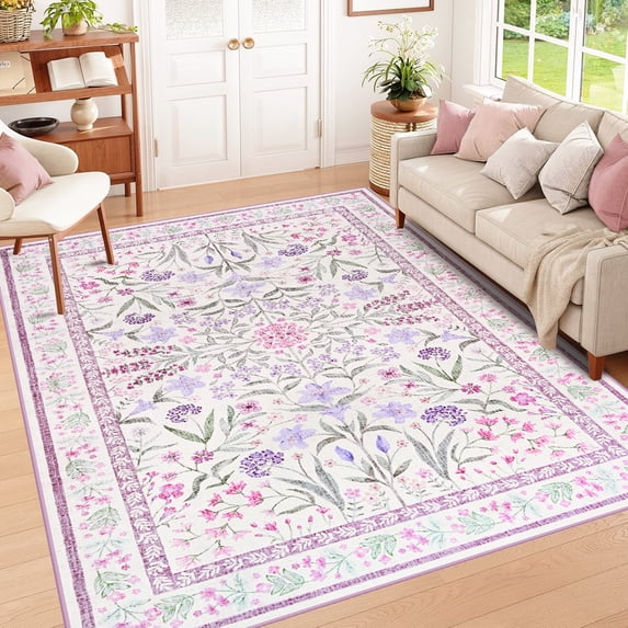 Wondo 4x6 Ft Purple Floral Area Rug - Machine Washable Low Pile Non-Slip Carpet, Boho Vintage Farmhouse Decor for Living Room, Bedroom, Nursery & Office