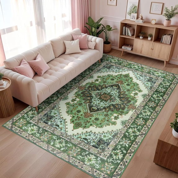 Wondo 4x6 Green Area Rug - Machine Washable Non-Slip Rubber Backing, Low Pile Vintage Carpet for Living Room Bedroom Kitchen Dining Office