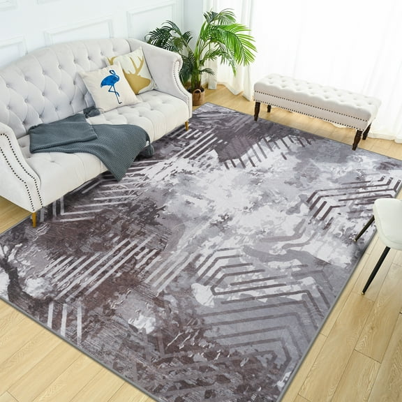Wondo 4x6 Machine Washable Area Rug - Low Pile Soft Non-Slip Abstract Rug for Living Room, Bedroom, Black