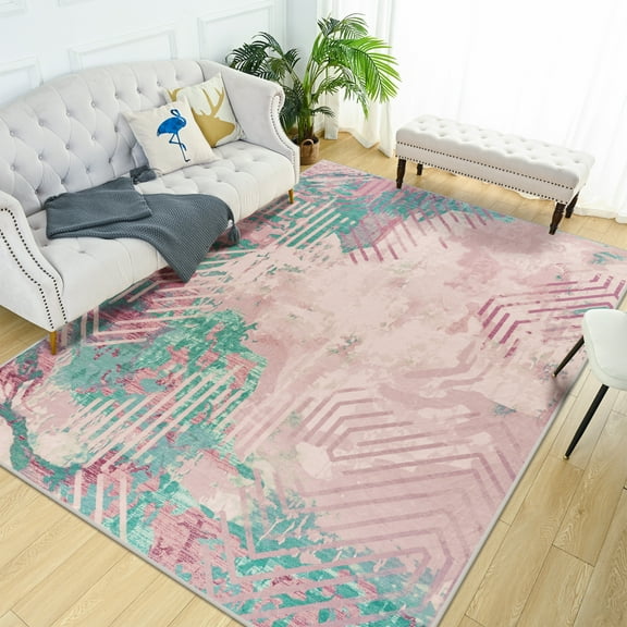 Wondo 4x6 Machine Washable Area Rug - Low Pile Soft Non-Slip Abstract Rug for Living Room, Bedroom, Pink
