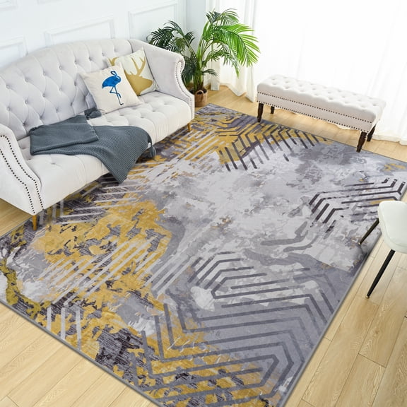 Wondo 4x6 Machine Washable Area Rug - Low Pile Soft Non-Slip Abstract Rug for Living Room, Bedroom, Yellow
