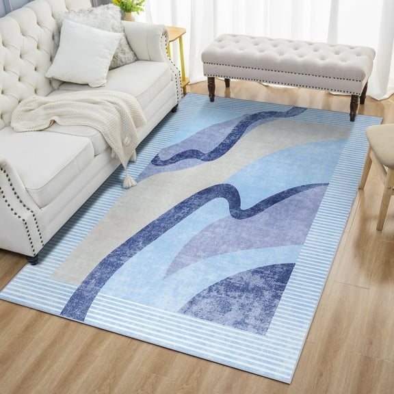 Wondo 4x6 Machine Washable Low Pile Soft Area Rug, Non-Slip Abstract Rug for Living Room, Bedroom, Blue