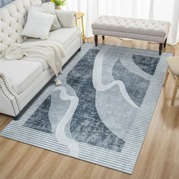 Wondo 4x6 Machine Washable Low Pile Soft Area Rug, Non-Slip Abstract Rug for Living Room, Bedroom, Gray