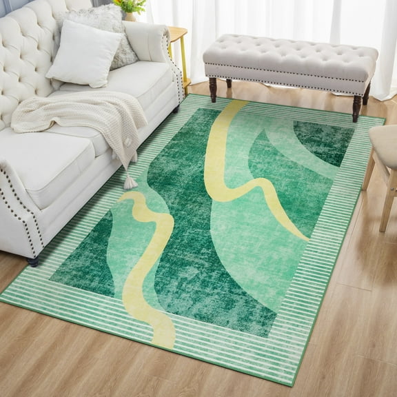 Wondo 4x6 Machine Washable Low Pile Soft Area Rug, Non-Slip Abstract Rug for Living Room, Bedroom, Green
