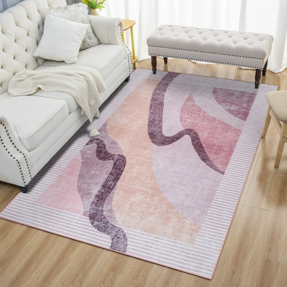 Wondo 4x6 Machine Washable Low Pile Soft Area Rug, Non-Slip Abstract Rug for Living Room, Bedroom, Pink