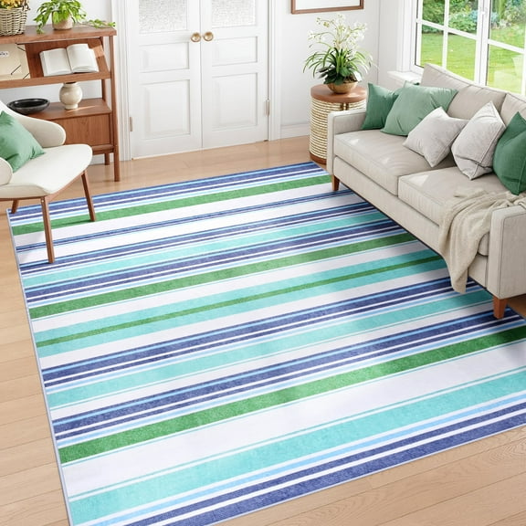 Wondo 4x6 Machine Washable Rug - Geometric Striped Low-Pile Carpet with Modern Boho Design, Blue for Living Room, Bedroom, Kitchen & Office