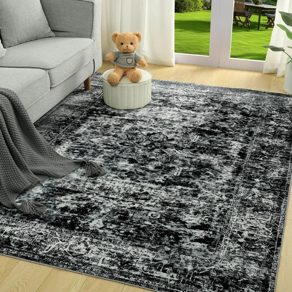 Wondo 4x6 Machine Washable Vintage Faux Wool Area Rug - Low Pile Non-Slip Indoor Carpet for Living Room, Bedroom, Dining Room & Home Office (Black)