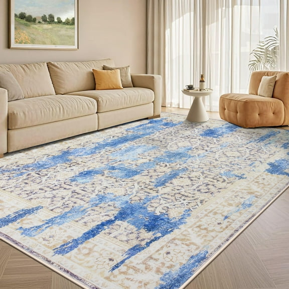 Wondo 4x6 Modern Abstract Area Rugs - Blue Low Pile Washable Carpet for Living Room, Bedroom, Nursery, Office, Kitchen - Non-Slip Stain Resistant Soft Rug for Indoor Use