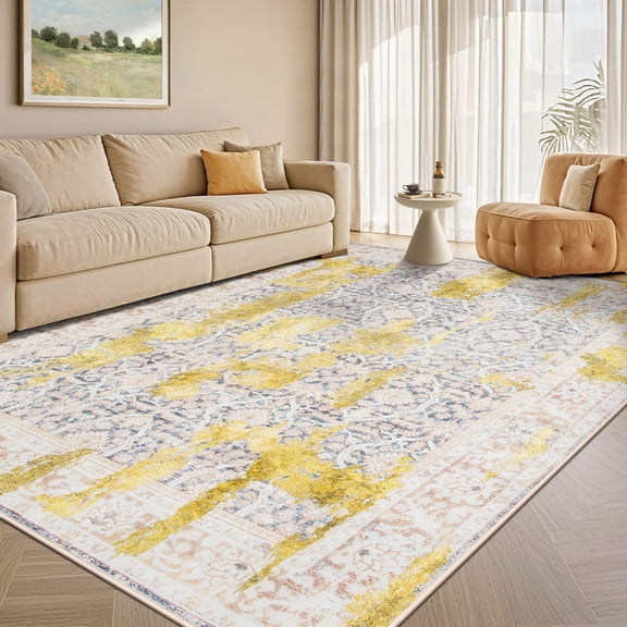Wondo 4x6 Modern Abstract Area Rugs - Gold Low Pile Washable Carpet for Living Room, Bedroom, Nursery, Office, Kitchen - Non-Slip Stain Resistant Soft Rug for Indoor Use