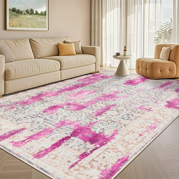 Wondo 4x6 Modern Abstract Area Rugs - Hot Pink Low Pile Washable Carpet for Living Room, Bedroom, Nursery, Office, Kitchen - Non-Slip Stain Resistant Soft Rug for Indoor Use