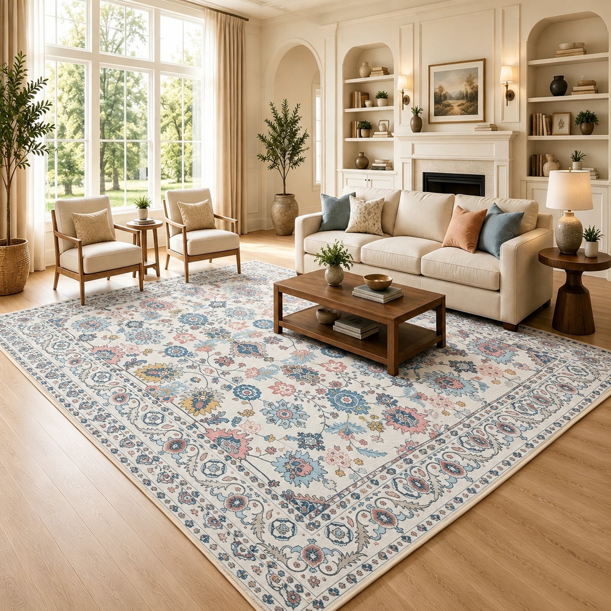 Wondo 4x6 Vintage Bohe Washable Beige Area Rug for Living Room, Bedroom, Dining Room, Office, Nursery Anti-slip Easy Care Carpet, Ultra-thin Stain Resistant Indoor Low Pile Carpet