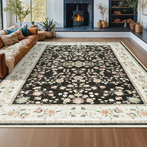 Wondo 4x6 Vintage Bohe Washable Black Area Rug for Living Room, Bedroom, Dining Room, Office, Nursery Anti-slip Easy Care Carpet, Ultra-thin Stain Resistant Indoor Low Pile Carpet