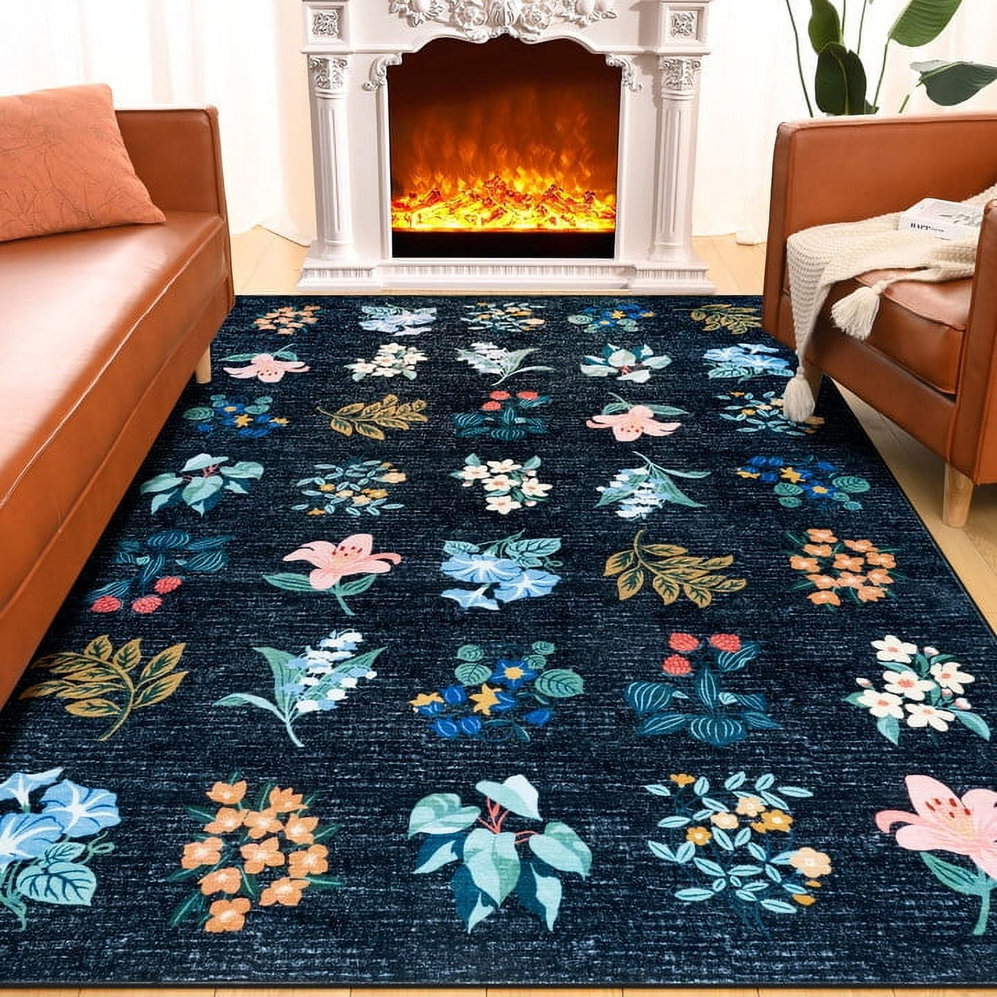 Wondo 4x6 Washable Floral Rug, Bright Floral Pattern Bohemian Rug for Bedroom, Low Pile Non-Slip Decorative Rug for Living Room, Kids Room, Office, Dining Room, Navy Blue