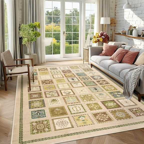 Wondo 4x6 Washable Non-Slip Area Rug - Boho Moroccan Geometric Bohemian Carpet for Living Room, Bedroom, Dining Room, Office, Beige