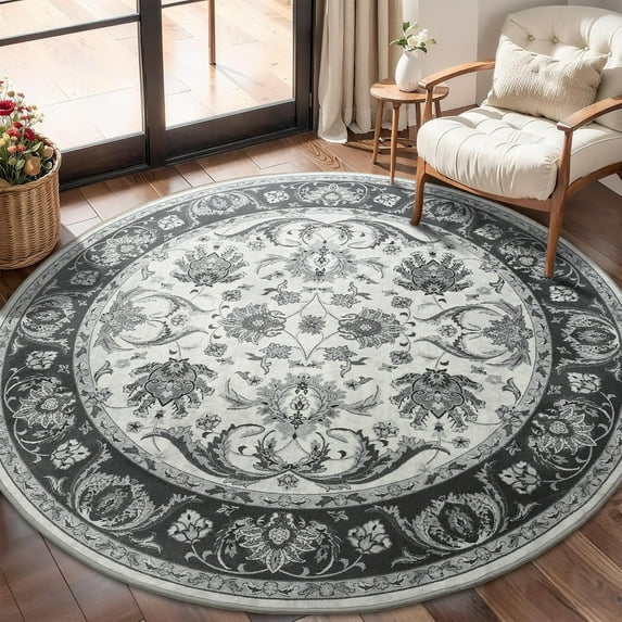 Noahas 5 ft Round Rugs for Living Room Bedroom Rug Circle Area Rug for Dining Room Table Throw Neutral Vintage Circular Rugs Washable Soft Comfortable Black