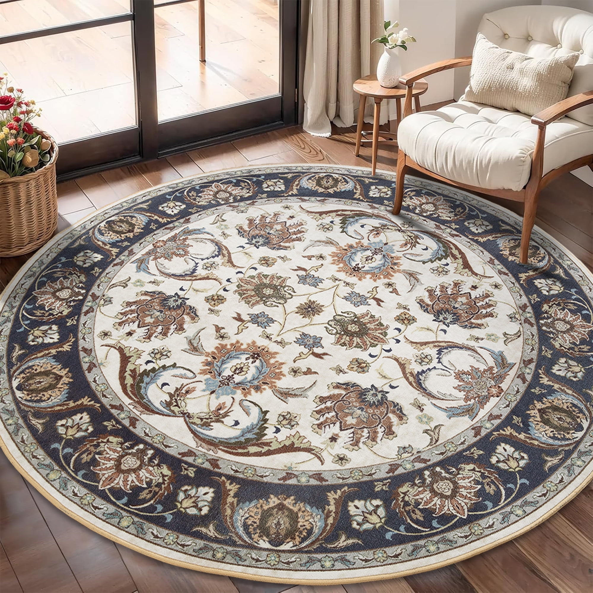 Noahas 5 ft Round Rugs for Living Room Bedroom Rug Circle Area Rug for Dining Room Table Throw Neutral Vintage Circular Rugs Washable Soft Comfortable Blue & White