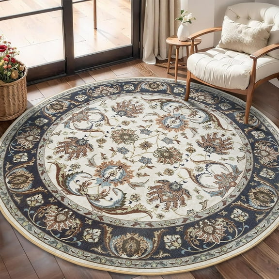 Noahas 5 ft Round Rugs for Living Room Bedroom Rug Circle Area Rug for Dining Room Table Throw Neutral Vintage Circular Rugs Washable Soft Comfortable Blue & White