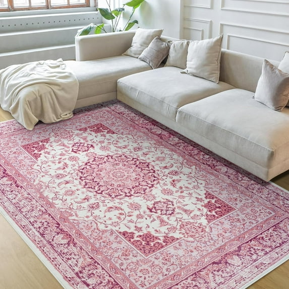 Wondo 5x7 Area Rugs for Living Room, Washable Area Rug, Rugs for Bedroom, Kitchen Rugs, Vintage Boho Carpet, Soft Non-Slip, Low Pile Large Area Rug for Office Dining Room, Pink
