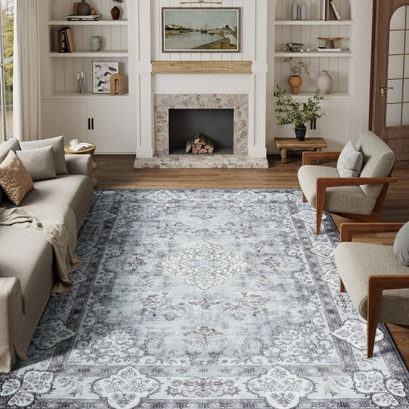 Wondo 5x8 Area Rug Printed Washable Rugs for Living Room Non-Slip Floor Carpet Soft Boho Vintage Rug Low Pile Water Repellent for Bedroom,Entryway,Kitchen,Indoor, Gray