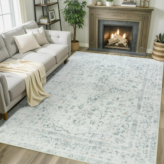 Wondo 5x8 Area Rug Printed Washable Rugs for Living Room Non-Slip Floor Carpet Soft Boho Vintage Rug Low Pile Water Repellent for Bedroom,Entryway,Kitchen,Indoor, Light Gray