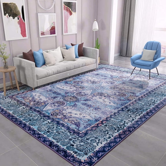 Wondo 5x8 Area Rugs for Living Room, Machine Washable Vintage Rug, Non-Slip Low Pile Throw Rugs with Rubber Backing Washable Carpet for Bedroom Dining Room Kitchen Home Decor, Blue & Purple