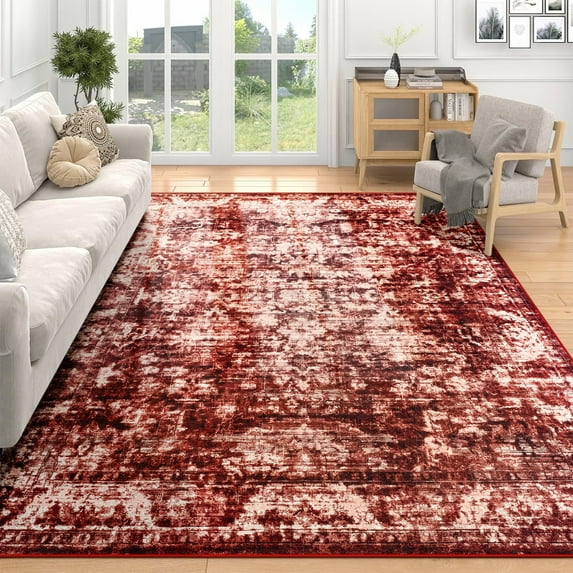 Wondo 5x8 Area Rugs for Living Room, Machine Washable Vintage Rug, Non-Slip Low Pile Throw Rugs for Bedroom Dining Room Kitchen Home Decor, Red