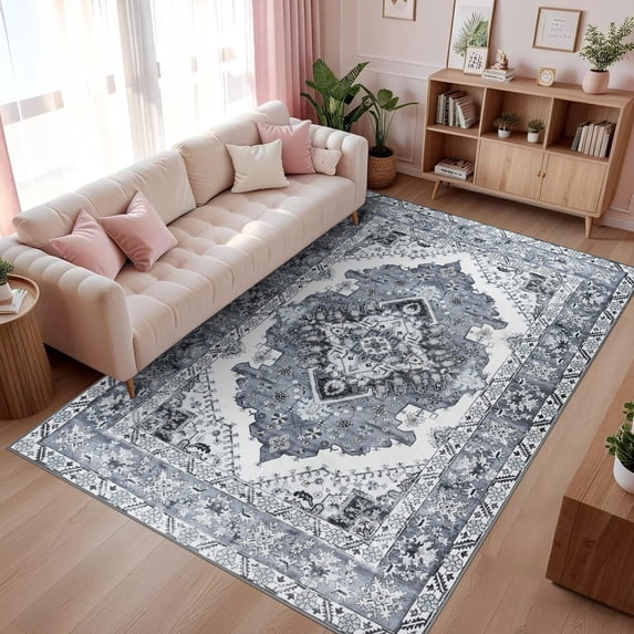 Wondo 5x8 Gray Area Rug - Machine Washable Non-Slip Rubber Backing, Low Pile Vintage Carpet for Living Room Bedroom Kitchen Dining Office