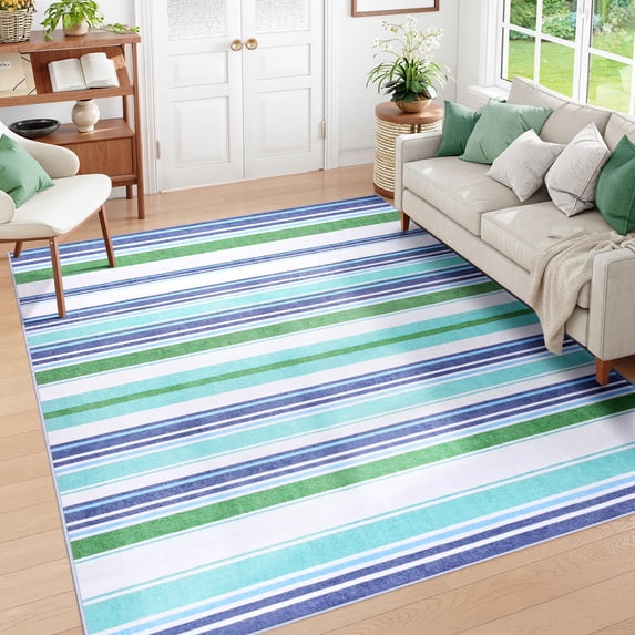 Wondo 5x8 Machine Washable Rug - Geometric Striped Low-Pile Carpet with Modern Boho Design, Blue for Living Room, Bedroom, Kitchen & Office