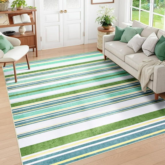 Wondo 5x8 Machine Washable Rug - Geometric Striped Low-Pile Carpet with Modern Boho Design, Green for Living Room, Bedroom, Kitchen & Office