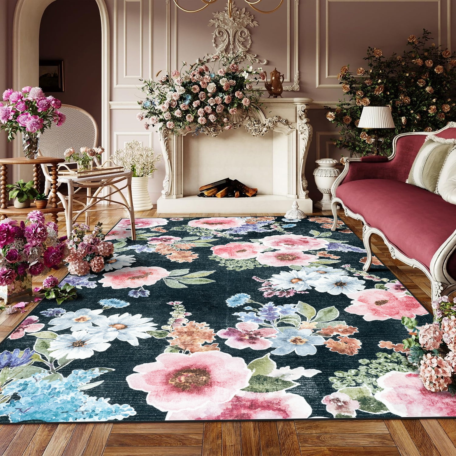 Wondo 5x8 Washable Floral Rug, Bright Floral Pattern Bohemian Rug for Bedroom, Low Pile Non-Slip Decorative Rug for Living Room, Kids Room, Office, Dining Room, Black