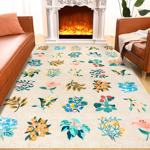 Wondo 5x8 Washable Floral Rug, Bright Floral Pattern Bohemian Rug for Bedroom, Low Pile Non-Slip Decorative Rug for Living Room, Kids Room, Office, Dining Room, Tan