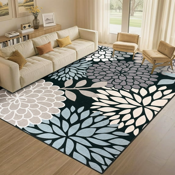 Wondo 5x8 Washable Floral Rug, Flower Pattern Boho Rugs for Bedroom, Low Pile & Non Slip Cottage Style Floor Decorated Carpet for Living Room, Kids Room, Office, Dining Room, Black