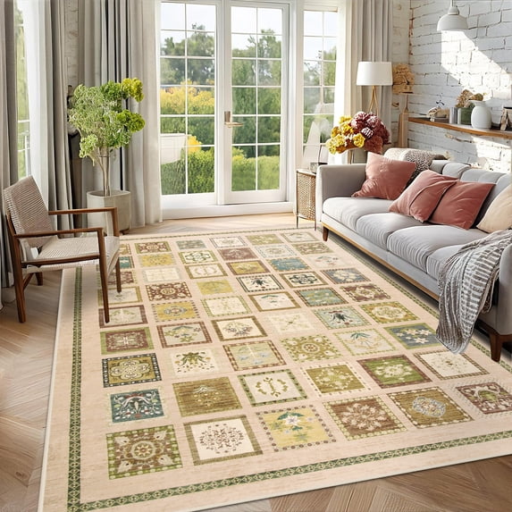 Wondo 5x8 Washable Non-Slip Area Rug - Boho Moroccan Geometric Bohemian Carpet for Living Room, Bedroom, Dining Room, Office, Beige