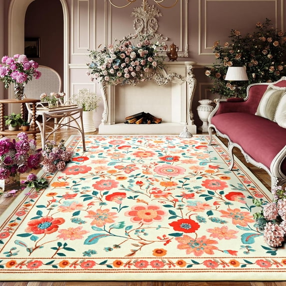 Wondo 5x8 ft Beige Washable Area Rug - Low Pile Non-Slip Bohemian Floral Design for Bedroom, Living Room, Dining Room, Office & Kids Room