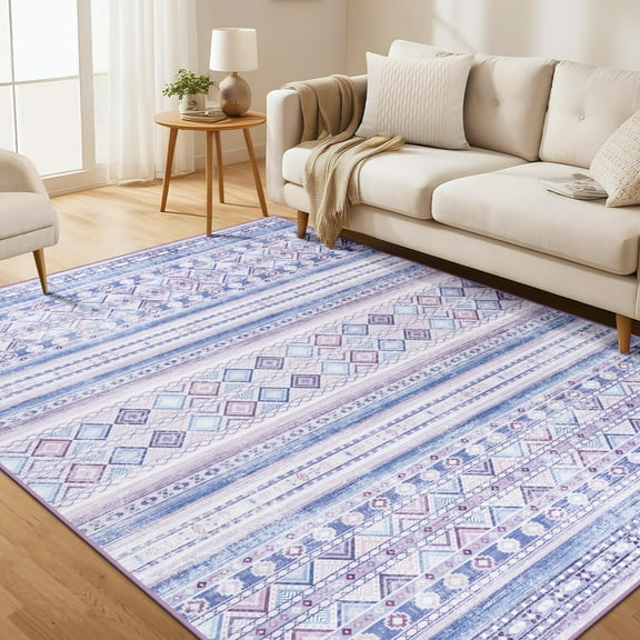 Wondo 5x8 ft Modern Bohemian Area Rug - Blue and Purple Geometric Pattern Non-Slip Rug, Ultra-Soft Stain Resistant Easy Clean, Perfect for Living Room, Bedroom, Entryway Decor