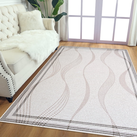 Wondo 6'x9' Abstract Wave Stripe Area Rug - Ultra-Thin Washable Non-Slip Living Room Rug - Soft Modern Minimalist Beige Rug for Bedroom, Dining Room, Office, Playroom