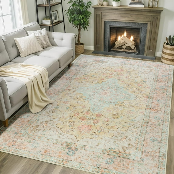Wondo 6x9 Area Rug Printed Washable Rugs for Living Room Non-Slip Floor Carpet Soft Boho Vintage Rug Low Pile Water Repellent for Bedroom,Entryway,Kitchen,Indoor, Orange