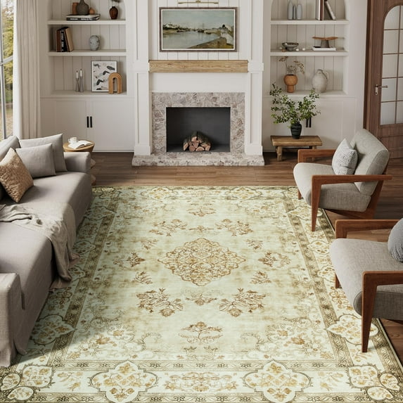 Wondo 6x9 Area Rug Printed Washable Rugs for Living Room Non-Slip Floor Carpet Soft Boho Vintage Rug Low Pile Water Repellent for Bedroom,Entryway,Kitchen,Indoor, Khaki