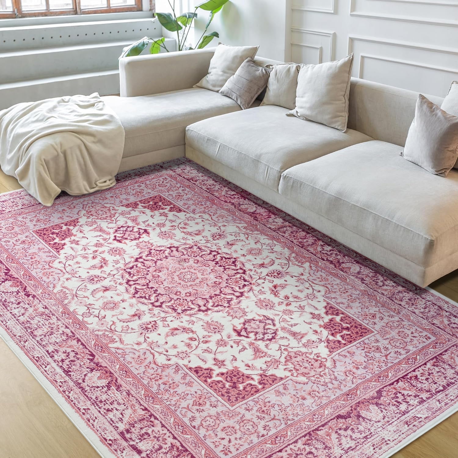 Wondo 6x9 Area Rugs for Living Room, Washable Area Rug, Rugs for Bedroom, Kitchen Rugs, Vintage Boho Carpet, Soft Non-Slip, Low Pile Large Area Rug for Office Dining Room, Pink