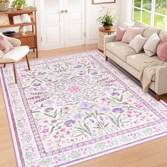 Wondo 6x9 ft Purple Floral Washable Rug – Low Pile, Non-Slip, Boho Farmhouse Decor for Living/Bedroom/Nursery/Office