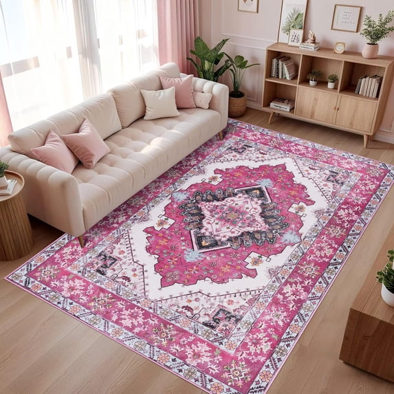 Wondo 6x9 Hot Pink Area Rug - Machine Washable Non-Slip Rubber Backing, Low Pile Vintage Carpet for Living Room Bedroom Kitchen Dining Office