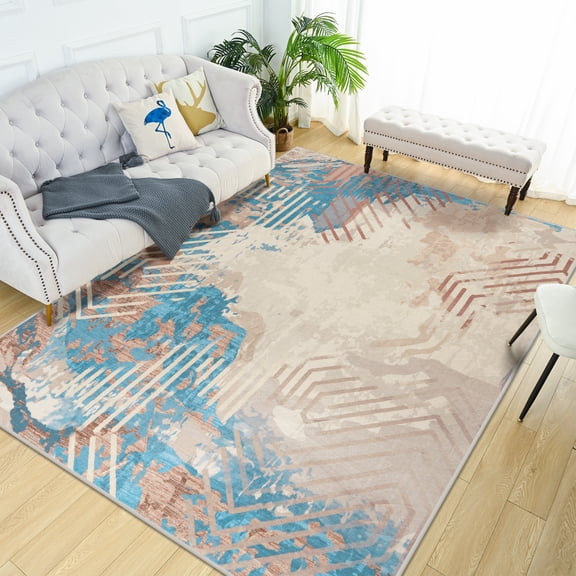 Wondo 6x9 Machine Washable Area Rug - Low Pile Soft Non-Slip Abstract Rug for Living Room, Bedroom, Orange