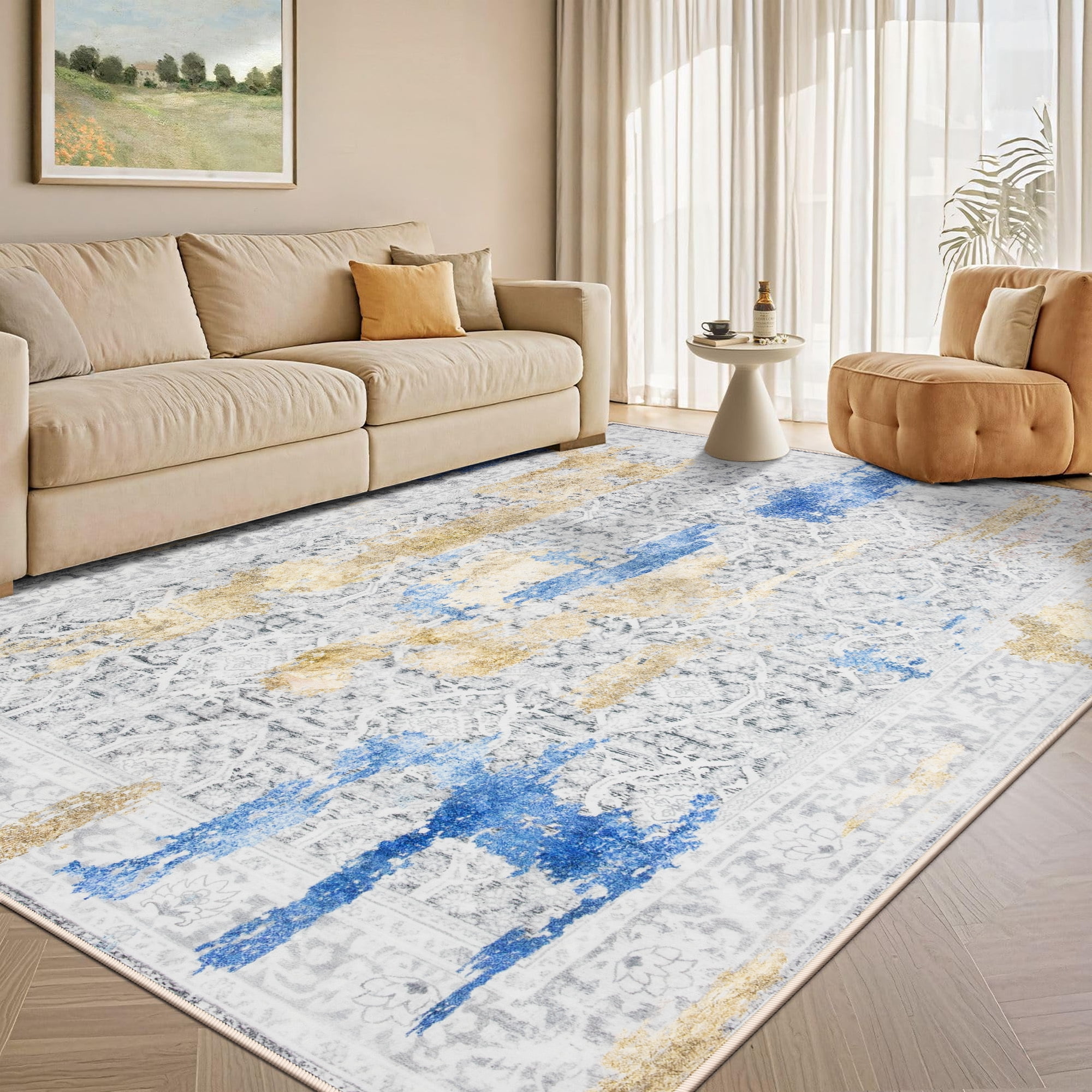 Wondo 6x9 Modern Abstract Area Rugs - Gold and Blue Low Pile Washable Carpet for Living Room, Bedroom, Nursery, Office, Kitchen - Non-Slip Stain Resistant Soft Rug for Indoor Use
