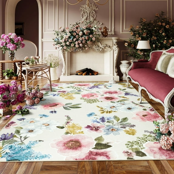 Wondo 6x9 Washable Floral Rug, Bright Floral Pattern Bohemian Rug for Bedroom, Low Pile Non-Slip Decorative Rug for Living Room, Kids Room, Office, Dining Room, Beige
