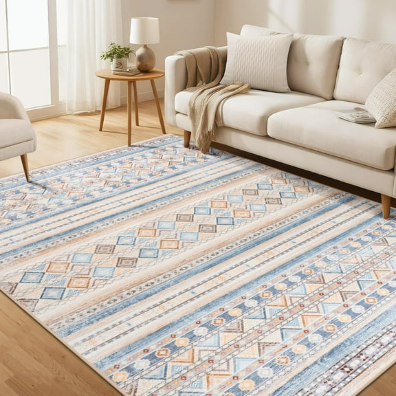 Wondo 6x9 ft Modern Bohemian Area Rug - Orange Geometric Pattern Non-Slip Rug, Ultra-Soft Stain Resistant Easy Clean, Perfect for Living Room, Bedroom, Entryway Decor