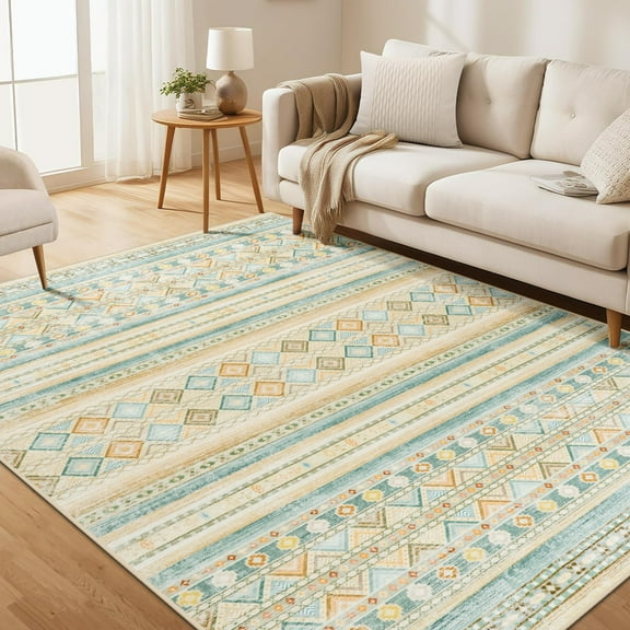 Wondo 6x9 ft Modern Bohemian Area Rug - Yellow and Green Geometric Pattern Non-Slip Rug, Ultra-Soft Stain Resistant Easy Clean, Perfect for Living Room, Bedroom, Entryway Decor