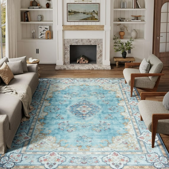 Wondo 8x10 Area Rug Printed Washable Rugs for Living Room Non-Slip Floor Carpet Soft Boho Vintage Rug Low Pile Water Repellent for Bedroom,Entryway,Kitchen,Indoor, Blue