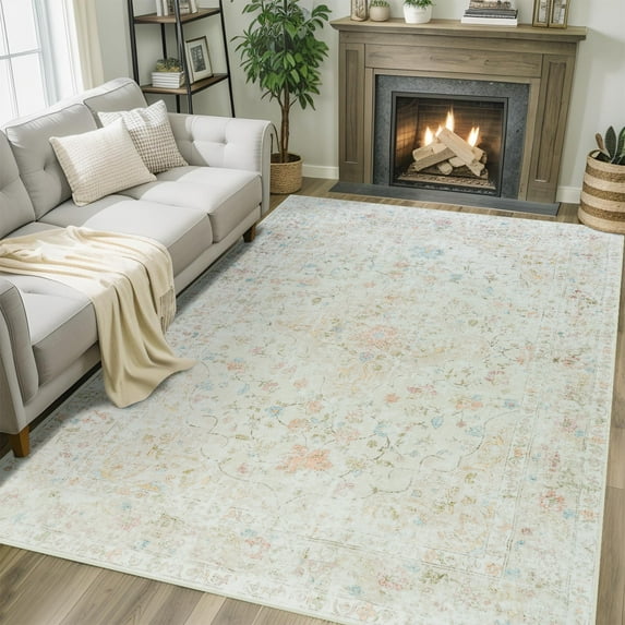 Wondo 8x10 Area Rug Printed Washable Rugs for Living Room Non-Slip Floor Carpet Soft Boho Vintage Rug Low Pile Water Repellent for Bedroom,Entryway,Kitchen,Indoor, Beige