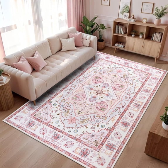 Wondo 8x10 Area Rugs for Living Room, Washable Area Rug, Rugs for Bedroom, Kitchen Rugs, Vintage Boho Carpet, Soft Non-Slip, Low Pile Large Area Rug for Office Dining Room, Pink and White