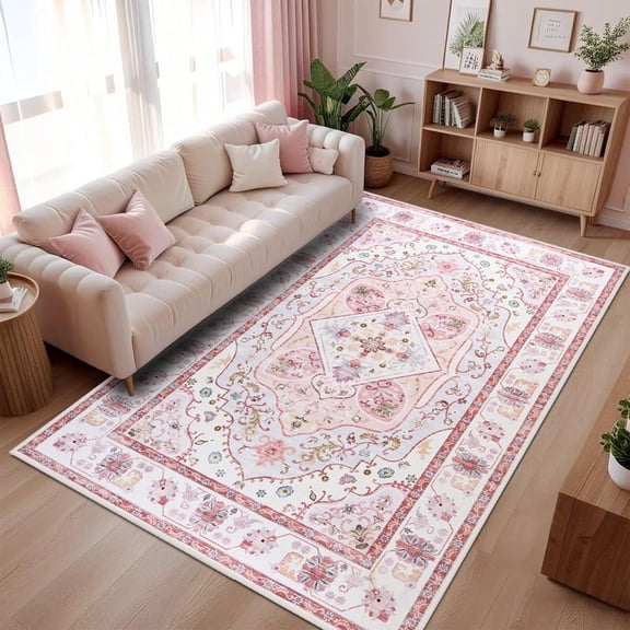Wondo 8x10 Area Rugs for Living Room, Washable Area Rug, Rugs for Bedroom, Kitchen Rugs, Vintage Boho Carpet, Soft Non-Slip, Low Pile Large Area Rug for Office Dining Room, Pink and White